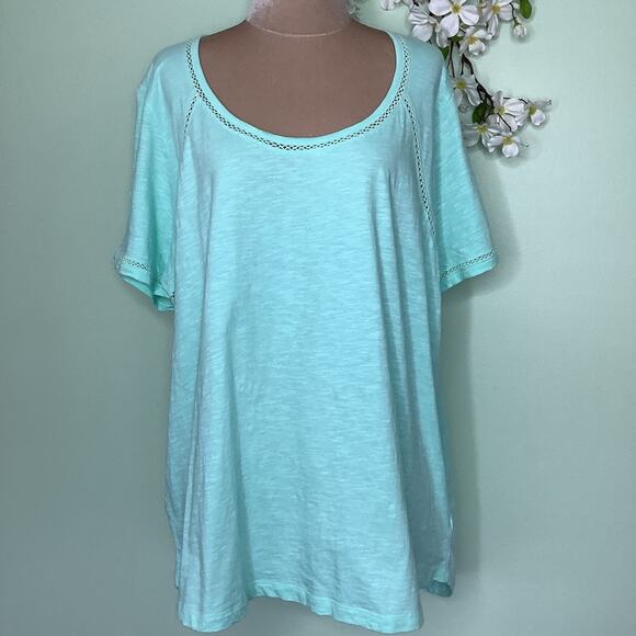 Jones New York Signature Woman Knit Crochet Peekaboo Casual T Shirt Top Mint - Picture 2 of 14